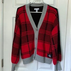 Calvin Klein red black plaid cardigan sweater small